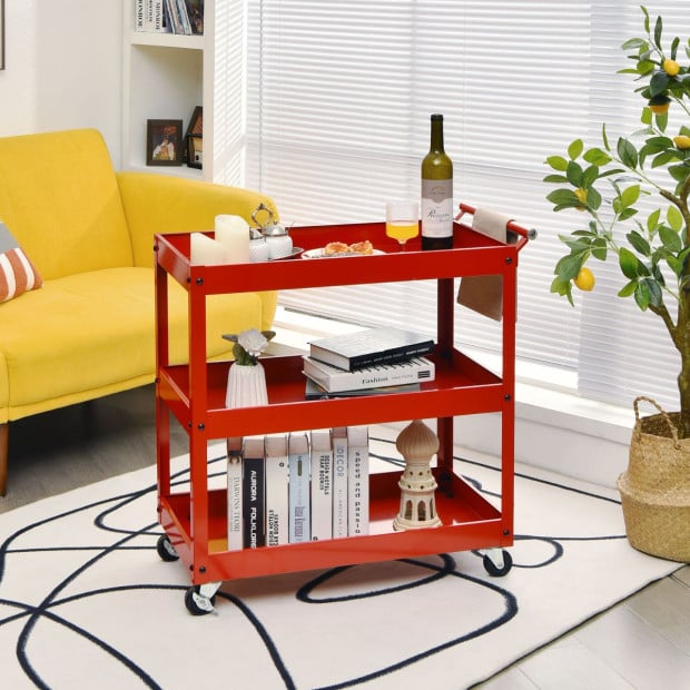 3-tier Utility Cart With Humanized Handle For Office Kitchen Red Image 10