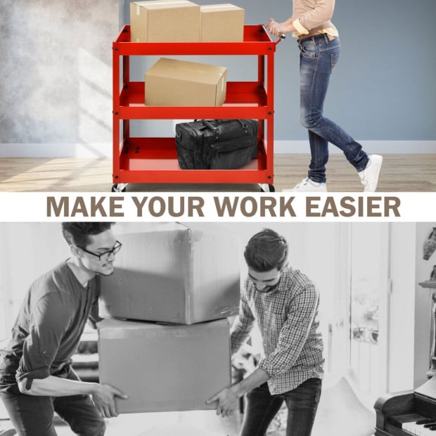 3-tier Utility Cart With Humanized Handle For Office Kitchen Red Image 3