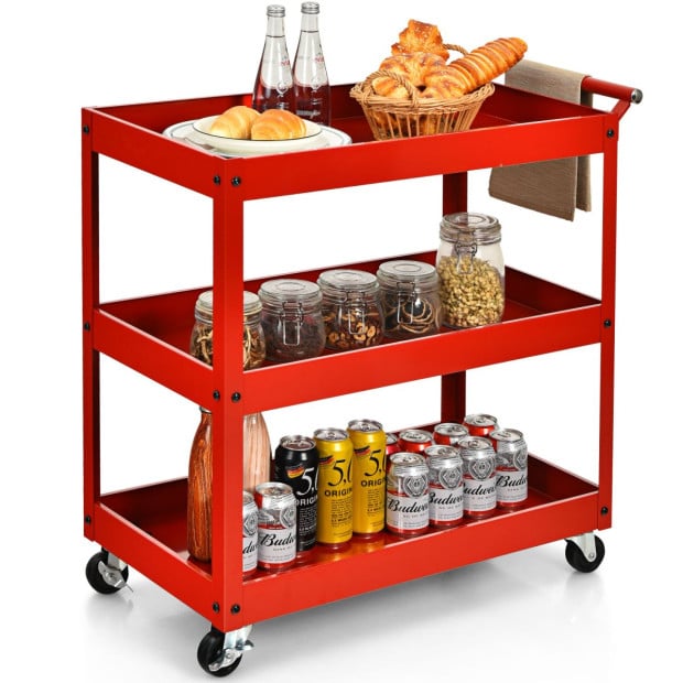 3-tier Utility Cart With Humanized Handle For Office Kitchen Red