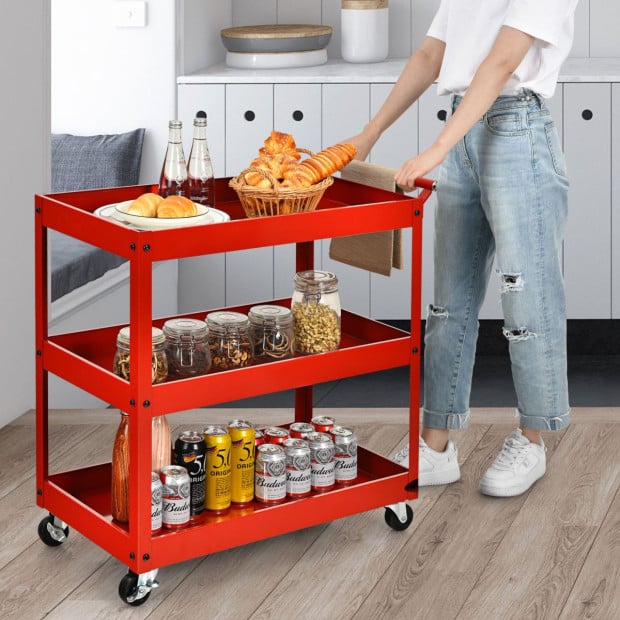 3-tier Utility Cart With Humanized Handle For Office Kitchen Red Image 2