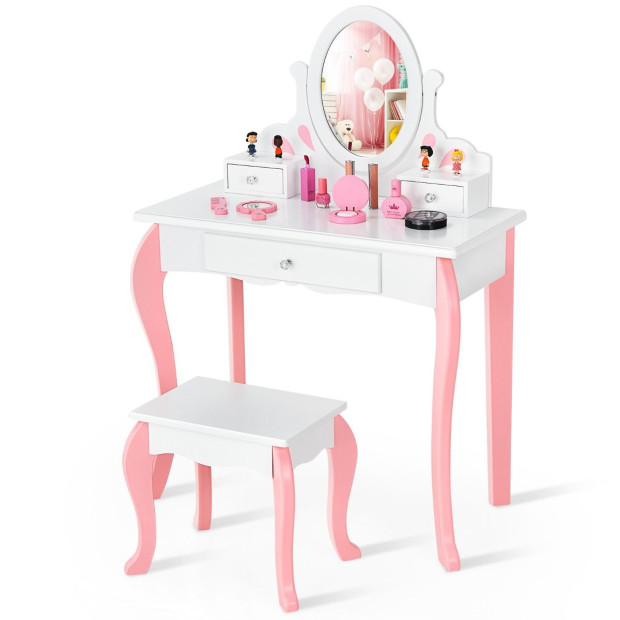 Kids Makeup Table Stool Set With Mirror Drawer For Bedroom