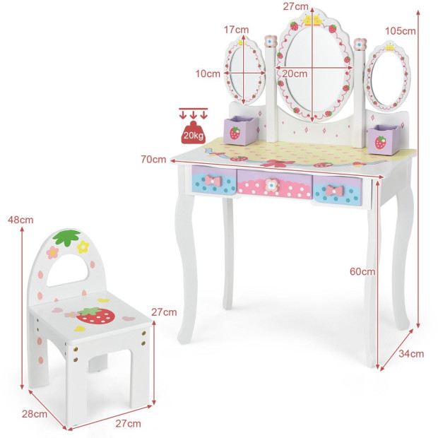 Vanity Set With Trifold Mirror For Kids White