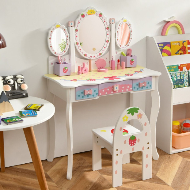 Vanity Set With Trifold Mirror For Kids White