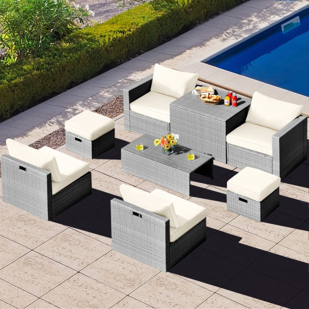 8-piece Outdoor Grey Pe Rattan Set With Washable Cushion Covers White Image 6