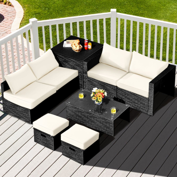8pcs Outdoor PE Rattan Conversation Set With Cushions Covers - White Image 6