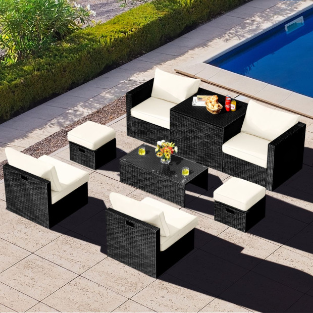 8pcs Outdoor PE Rattan Conversation Set With Cushions Covers - White Image 2