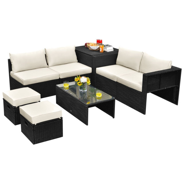 8pcs Outdoor PE Rattan Conversation Set With Cushions Covers - White