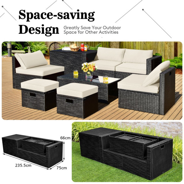 8pcs Outdoor PE Rattan Conversation Set With Cushions Covers - White Image 3