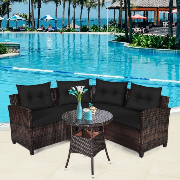 4pc Patio Wicker Furniture Set With Cushion Black Image 2