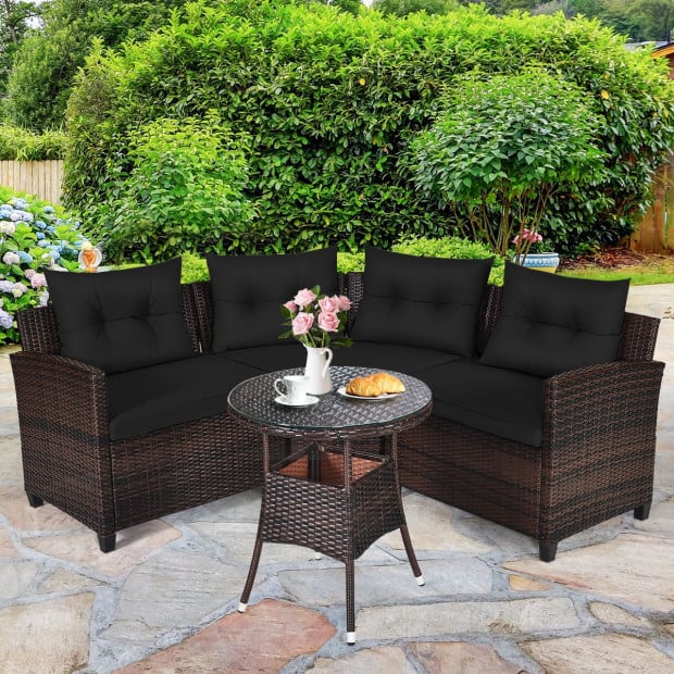 4pc Patio Wicker Furniture Set With Cushion Black Image 6