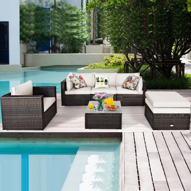 6pc Patio Rattan Sectional Furniture Set With Seat Cushion Image 6