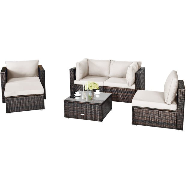 6pc Patio Rattan Sectional Furniture Set With Seat Cushion