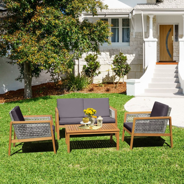 4pc Patio Acacia Wood Furniture Set With Cushions For Outdoors Grey