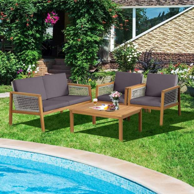 4pc Patio Acacia Wood Furniture Set With Cushions For Outdoors Grey