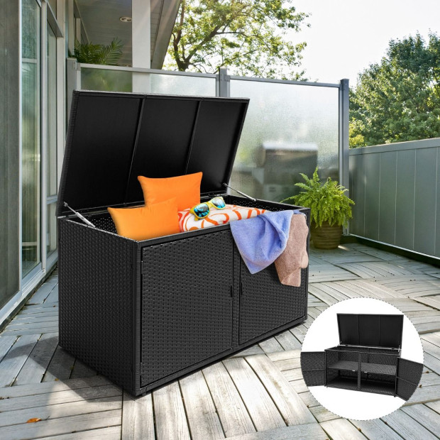 Outdoor Patio Rattan Storage Container Box With Shelf Black Image 2