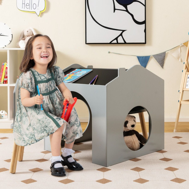 3pc Toddlers Kids Wooden Table And Chair Set With Chalkboards Grey Image 6