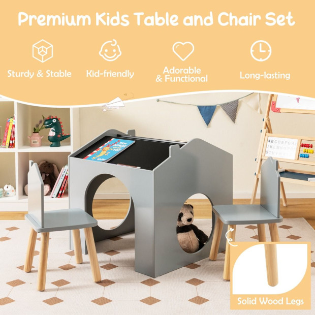 3pc Toddlers Kids Wooden Table And Chair Set With Chalkboards Grey Image 3