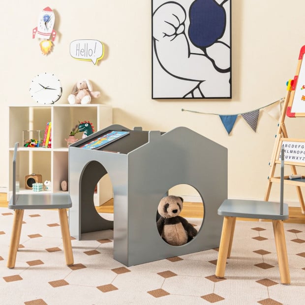 3pc Toddlers Kids Wooden Table And Chair Set With Chalkboards Grey Image 7