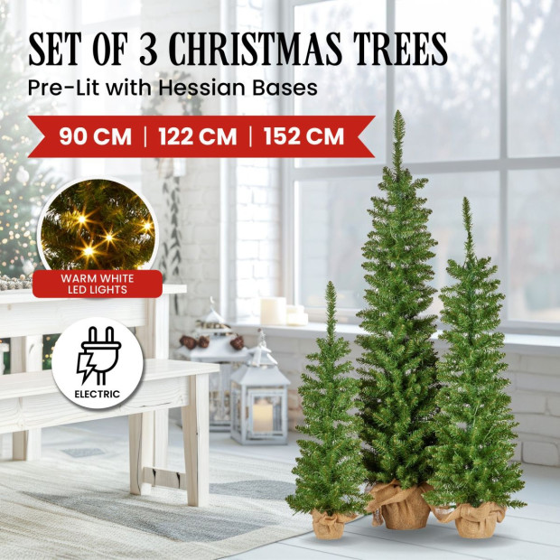 Set of 3 Prelit Christmas Trees with Hessian Bases