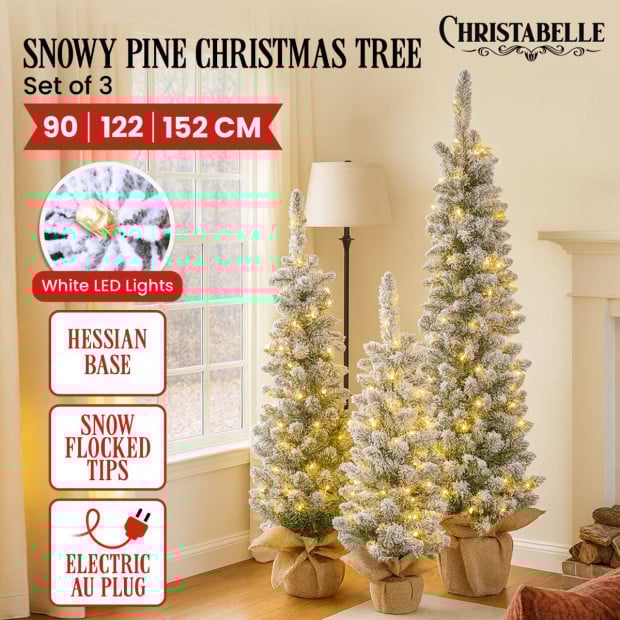 Christabelle Snowy Pine Christmas Trees Set of 3 with LED Lights & Hessian Base Image 2
