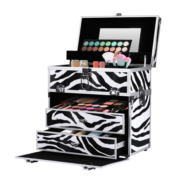 Portable Makeup Case Organiser Box Beauty Travel Suitcase 5 in 1 Zebra