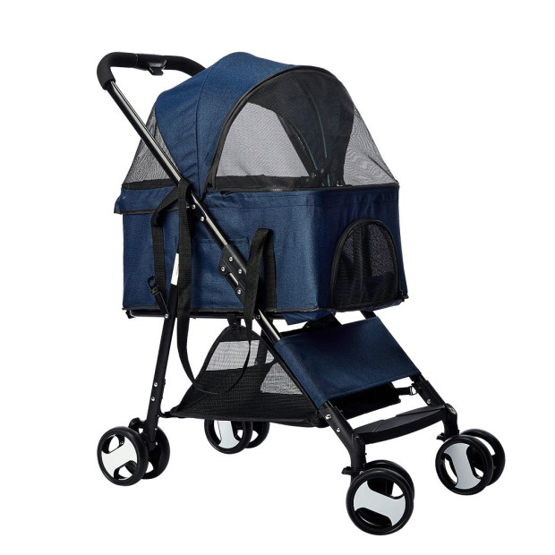 Pet Stroller Dog Pram Foldable Carrier 4 Wheels Large Pushchair Blue