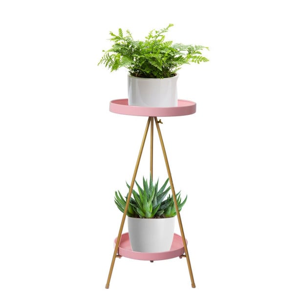 Plant Stand 2 Tiers Outdoor Indoor Metal Flower Pots Rack Garden Pink