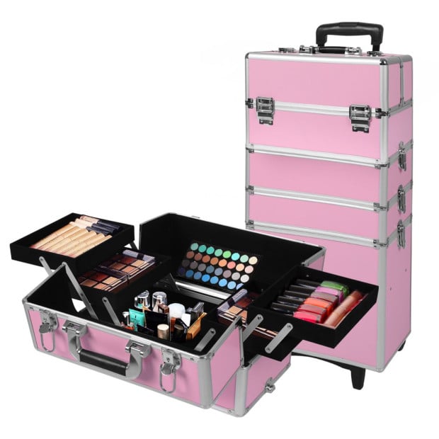 Makeup Case Professional Makeup Organiser 7 in 1 Trolley Silver Pink