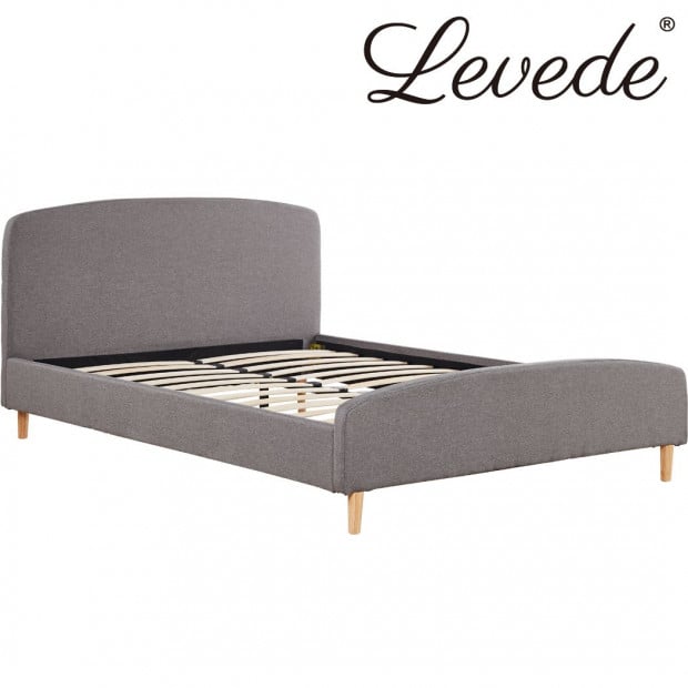 Bed Frame Queen Size Wooden Platform Linen Fabric Headboard