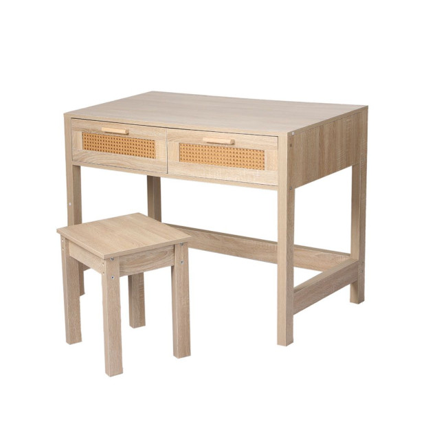 Table Set Rattan Wood Dressing Bedroom Desk Stool Home Office Desks