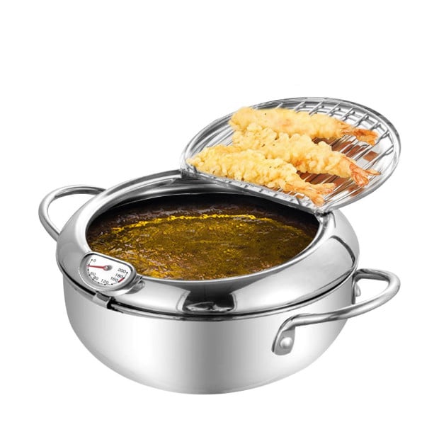 24cm Japanese Deep Frying Pot Stainless Steel Tempura Fryer Silver