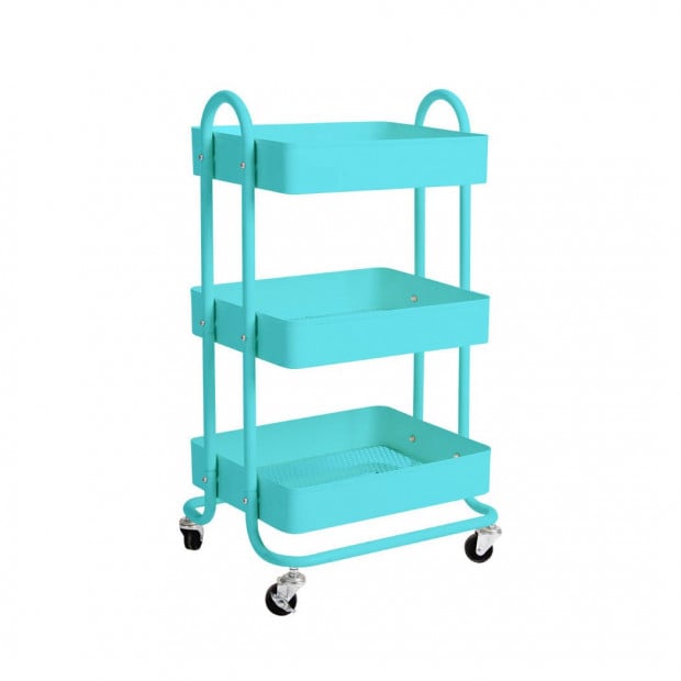 3 Tiers Kitchen Trolley Cart Steel Rack Shelf Organiser Wheels Blue