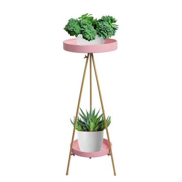 Plant Stand 2 Tiers Outdoor Indoor Metal Flower Pots Rack Garden Pink