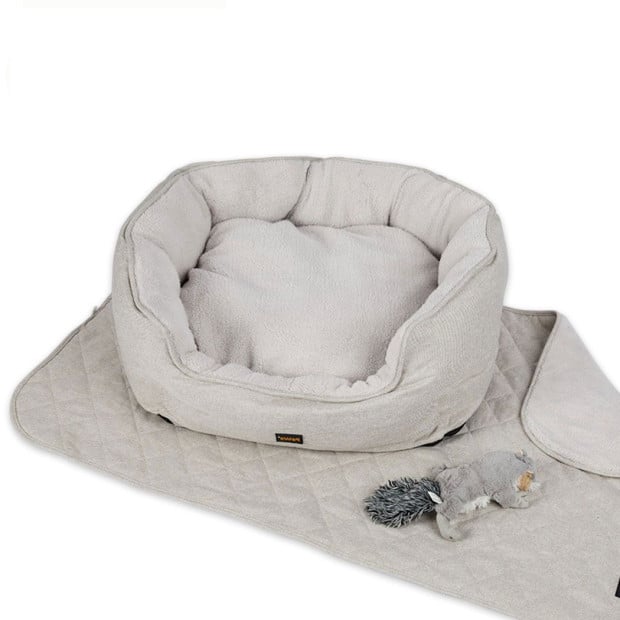 Pet Bed Set Dog Cat Quilted Blanket w/ Toy Warm Soft Nest Beige L Image 2