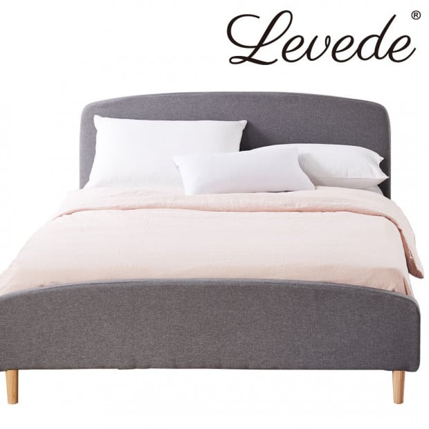 Bed Frame Queen Size Wooden Platform Linen Fabric Headboard Image 2