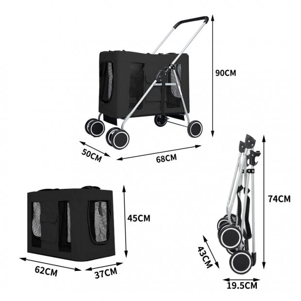 Pet Stroller Dog Cat Pram Travel Carrier Wheels Foldable Black Image 3
