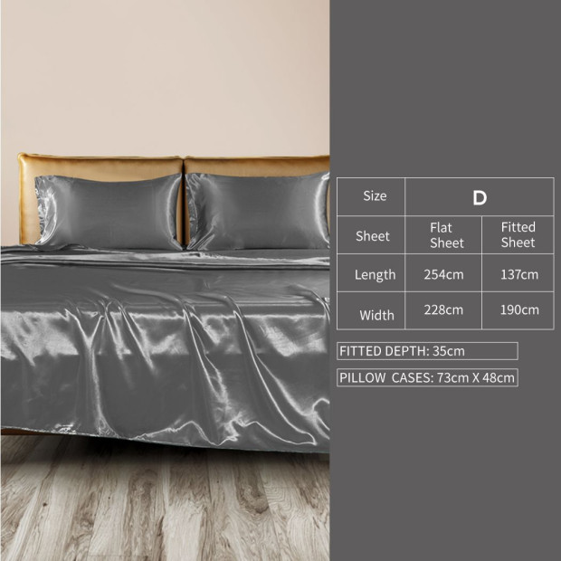 Silky Satin Fitted Flat Bed Sheet Pillowcases Summer Double Grey Image 3