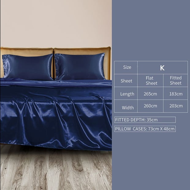 Silky Satin Sheets Fitted Flat Bed Sheet Pillowcases Summer King Blue Image 3