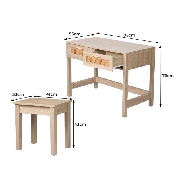 Table Set Rattan Wood Dressing Bedroom Desk Stool Home Office Desks Image 3