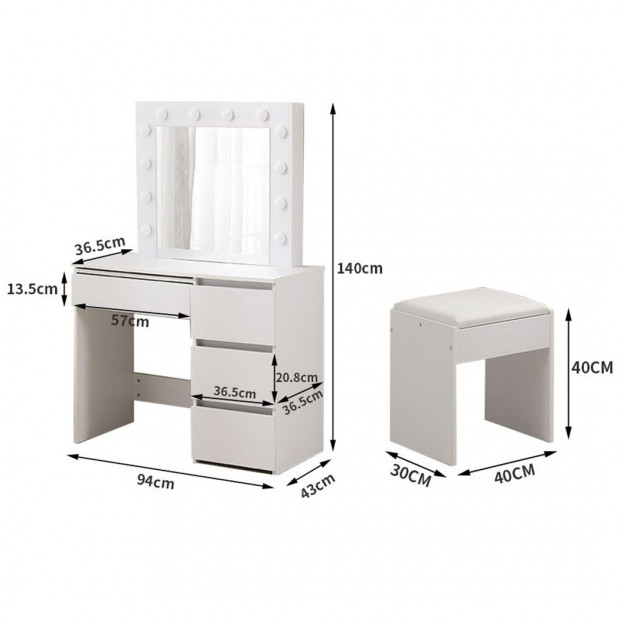 Dressing Table tool Set LED Makeup Mirror Jewellery Organizer 94x43x140 cm Image 3