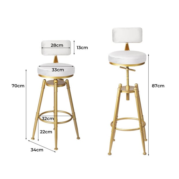 1x Bar Stools Kitchen Stool Chair Swivel Barstools Golden Frame with White Velvet Padded Seat Image 3