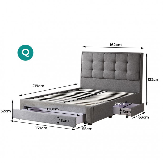 Storage Bed Frame Queen Size Base with Three Drawers Grey Image 3
