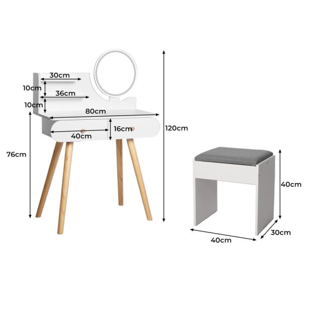 Dressing Table Stool LED Mirror Jewellery Cabinet Makeup Storage White Image 3