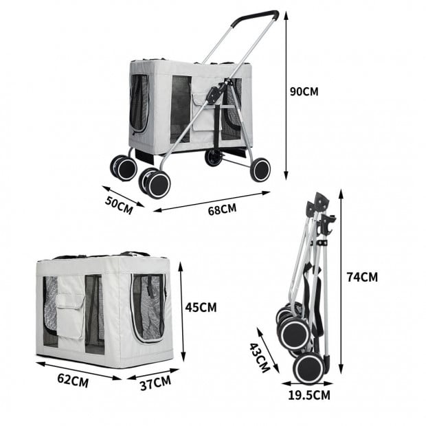 Pet Stroller Dog Cat Puppy Pram Travel Carrier 4 Wheels Foldable Grey Image 3
