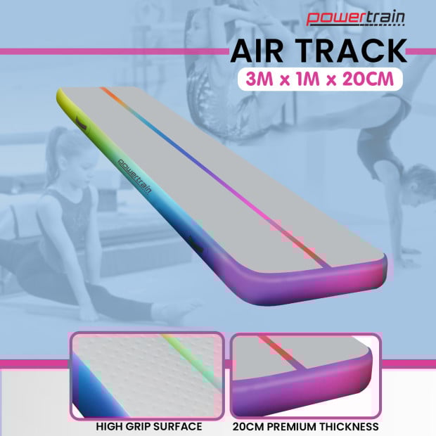 Powertrain 3m Air Track Tumbling Mat Gymnastics Exercise Inflatable - Rainbow