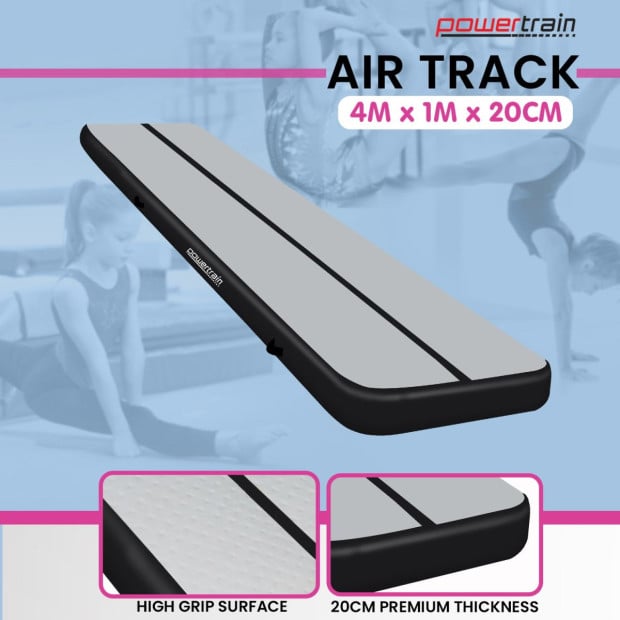 Powertrain 4m x 1m Air Track Inflatable Gymnastics Mat - Grey Black