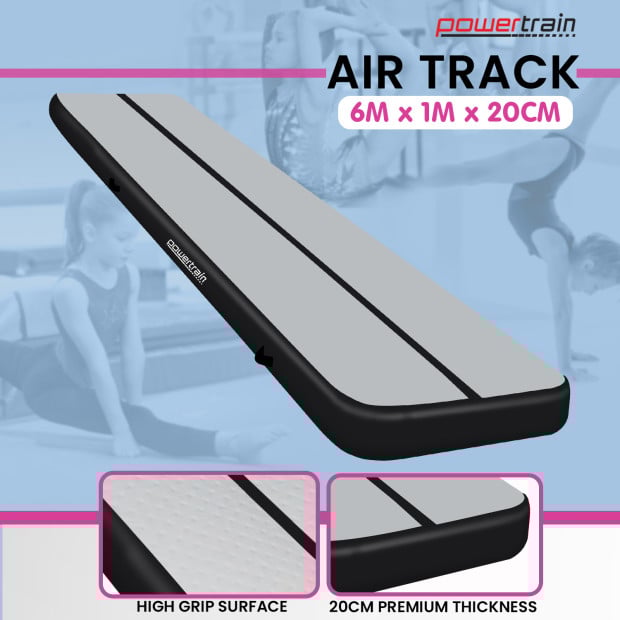 Powertrain 6m x 1m x 20cm Air Track Inflatable Tumbling Mat Gymnastics - Grey Black