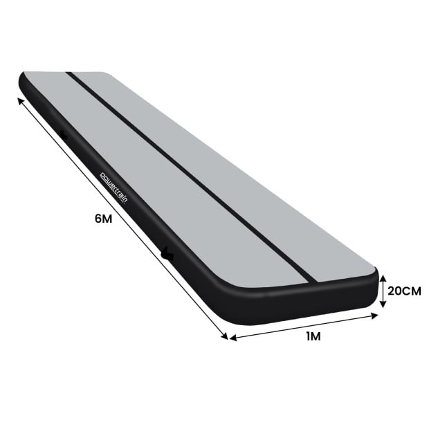 Powertrain 6m x 1m x 20cm Air Track Inflatable Tumbling Mat Gymnastics - Grey Black Image 10