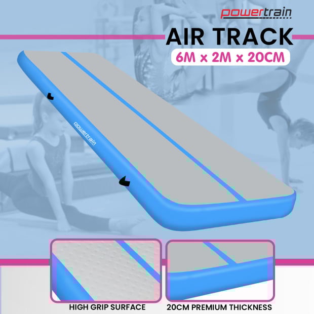Powertrain 6m x 2m x 20cm Air Track Gymnastics Mat Tumbling Exercise - Grey Blue