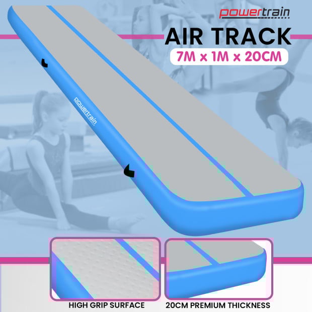 Powertrain 7m x 1m x 20cm Air Track Inflatable Gymnastics Exercise Mat Tumbling - Grey Blue